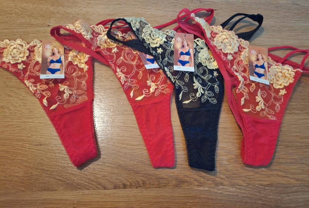 4 dames strings, Verzenden, Zwart, String