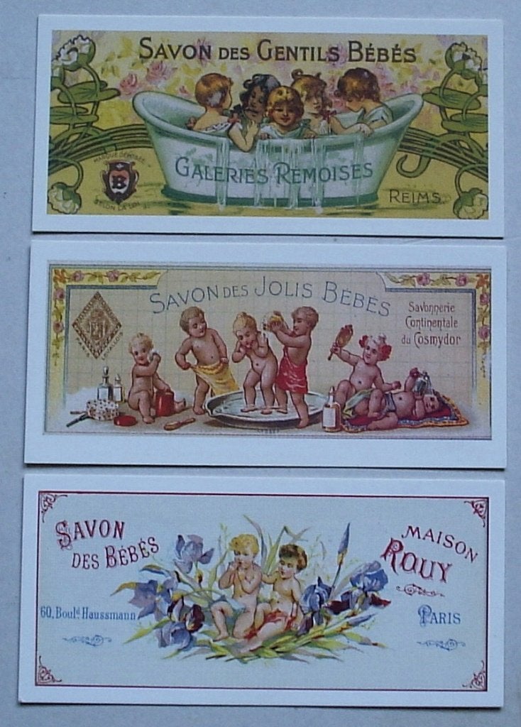 Setje van 3x reclame kartonnetjes babyzeep "savon des bébés", Antiek en Kunst, Verzenden