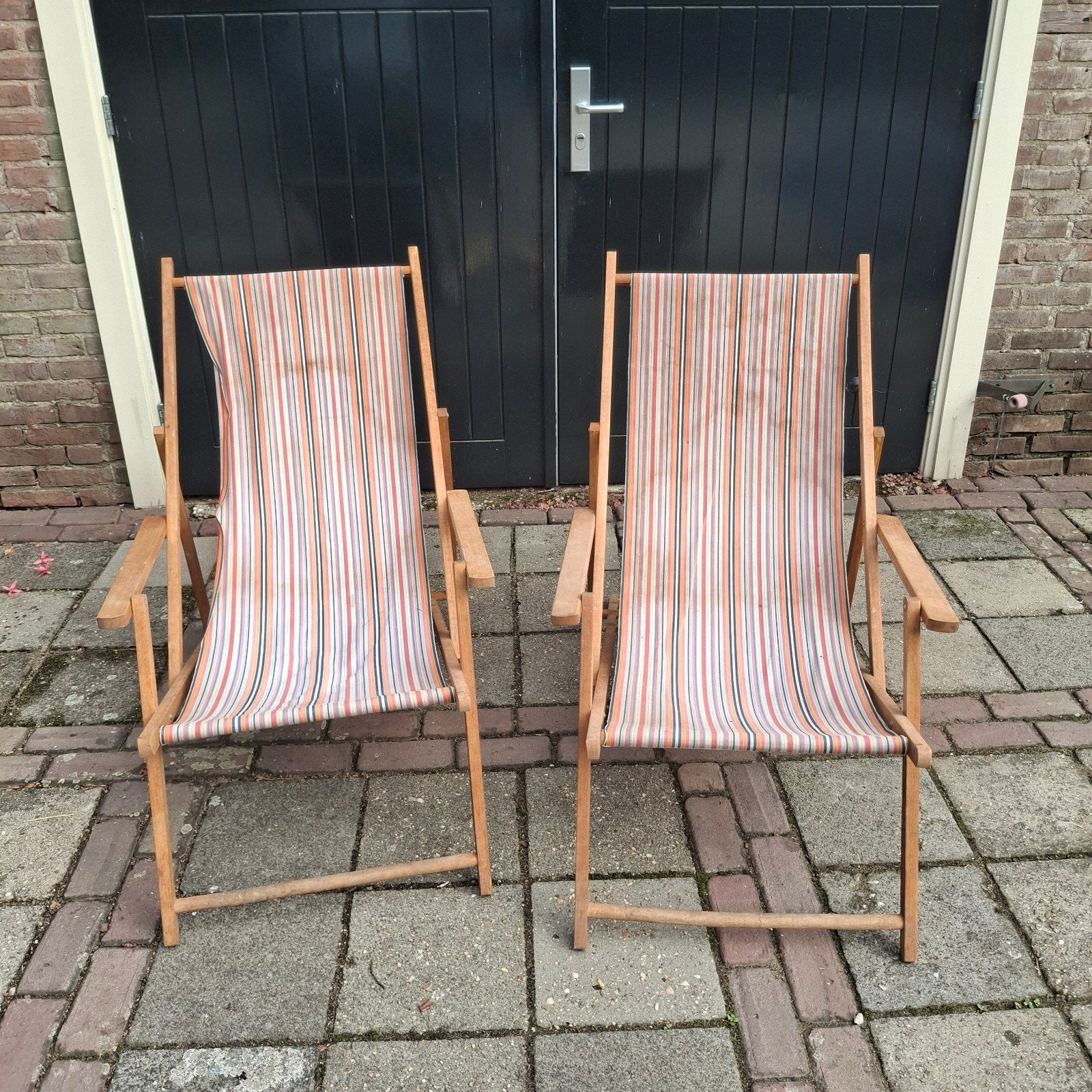 Set van 2 houten strandstoelen met gestreepte stof, Ophalen, Gebruikt, Hout, Inklapbaar