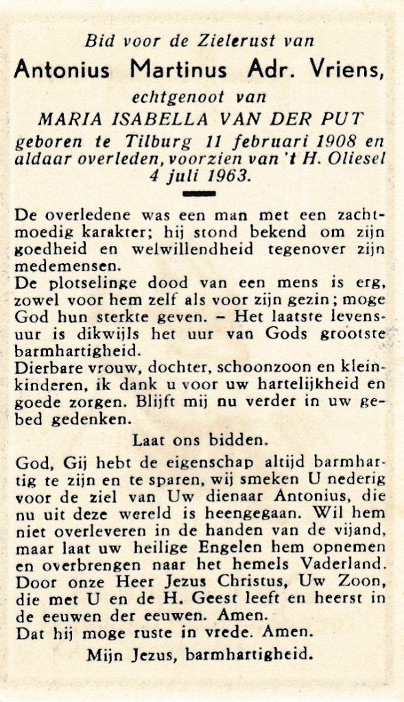Vriens Antonius 1908 Tilburg 1963, Ophalen of Verzenden, Bidprentje