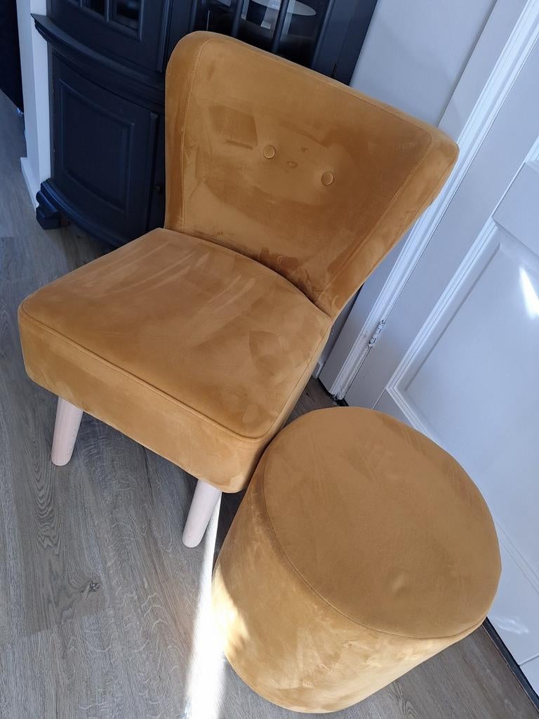 Okergele stoel met kruk!, Ophalen, Overige kleuren, Overige materialen, Eén