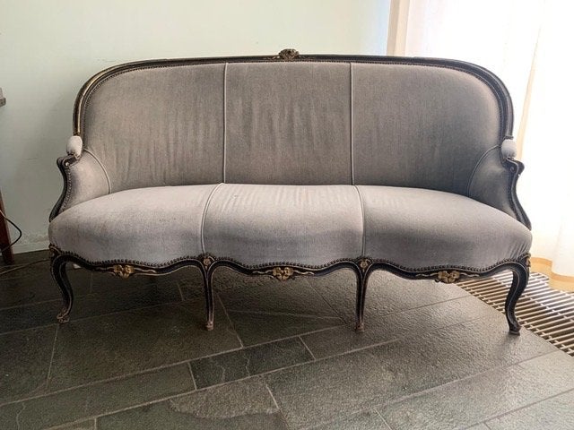Antieke Louis XV Stijl Bank - Grijs Fluweel met Goudaccenten, Ophalen