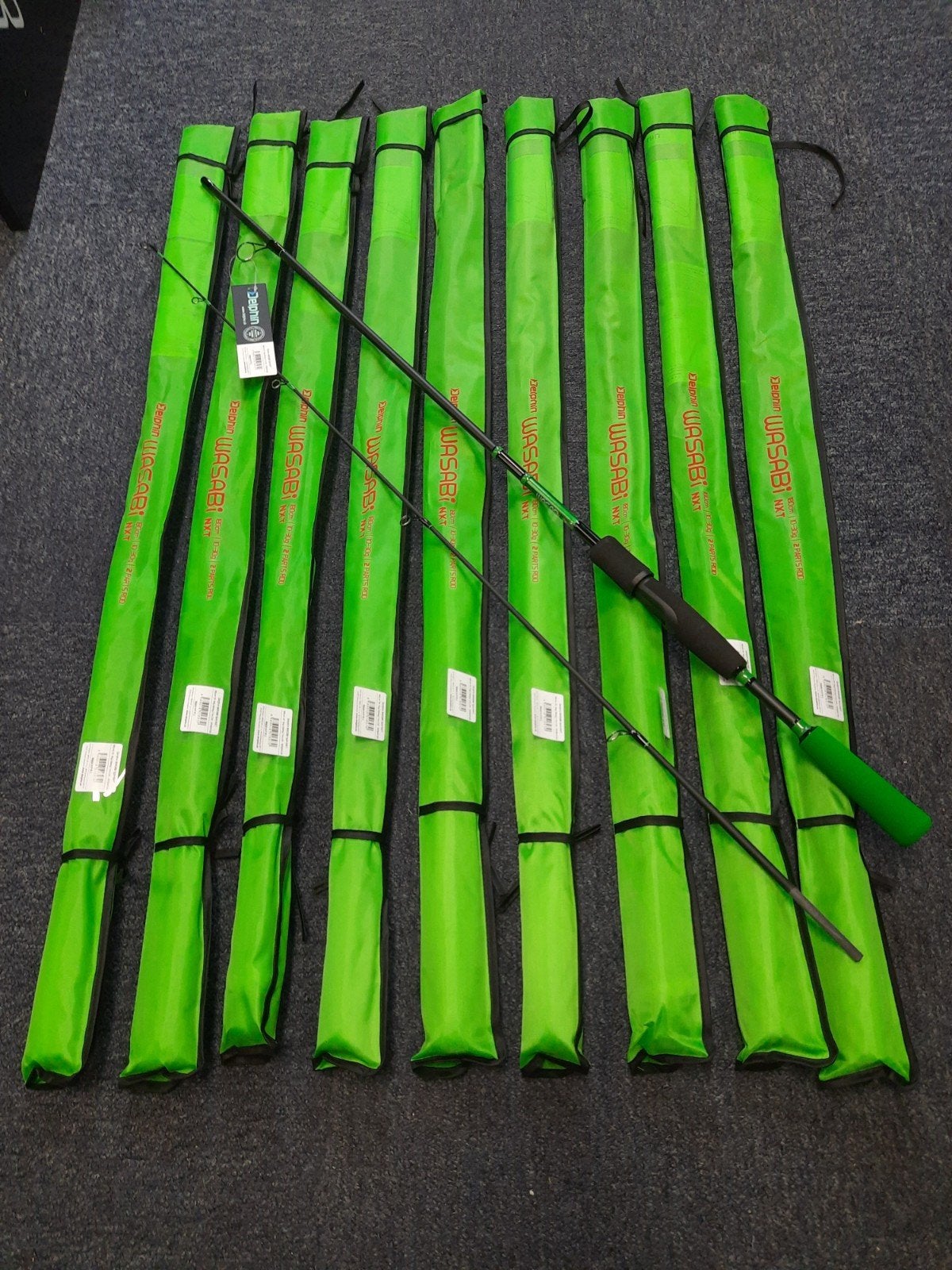 partij van 10 spinhengels 1.80m delphin wasabi spin 10-30gr, Delphin, Werphengel, Nieuw, Ophalen of Verzenden