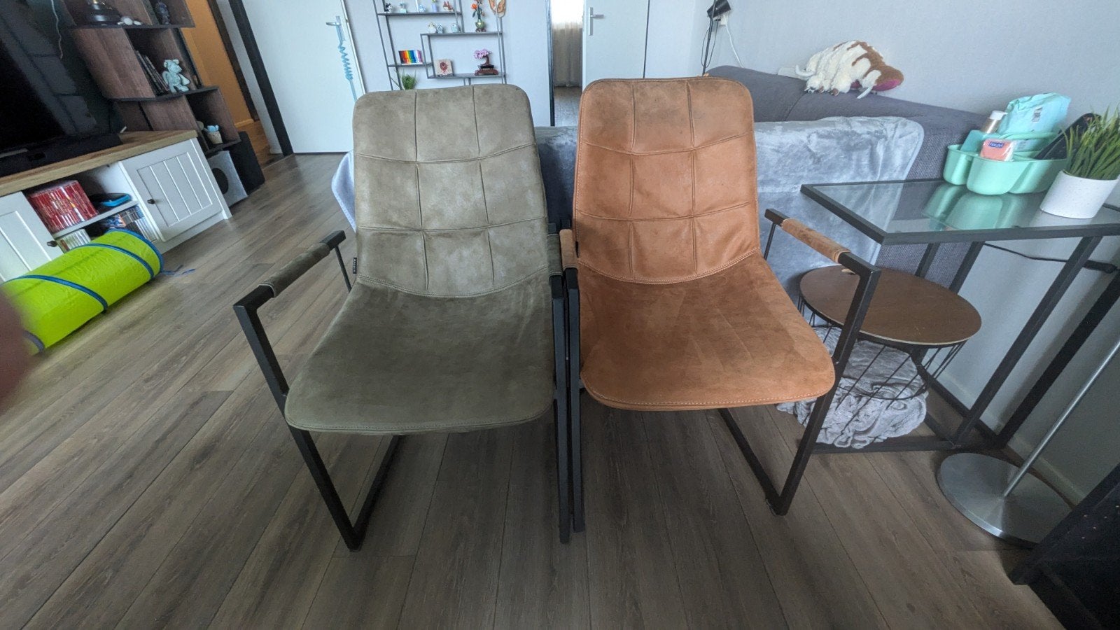 Mxsofa eetkamerstoelen 4 stuks - bruin en groen/grijs, Ophalen, Gebruikt, Twee, Bruin