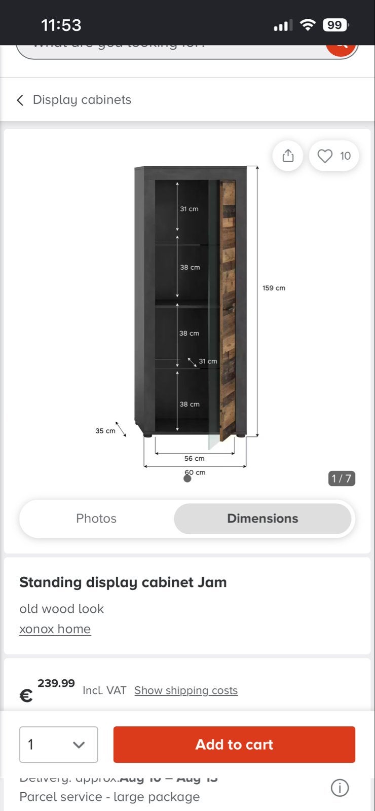 Staande vitrinekast Jam - Oud hout look, Ophalen, 50 tot 100 cm, Zo goed als nieuw, 150 tot 200 cm