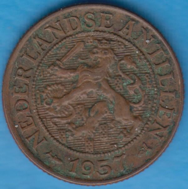 Nederlandse Antillen 1 cent 1957, Scho. 1432 in munthouder, Ophalen of Verzenden, Koningin Juliana, 1 cent, Losse munt