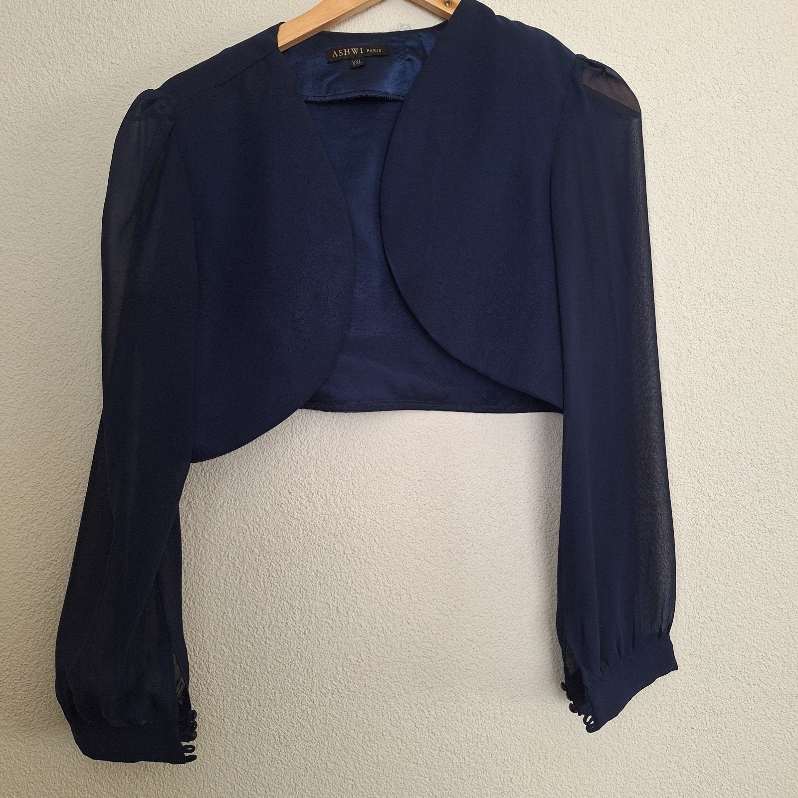 Cocktail (gala) jurk + bolero donkerblauw mt 44, Ophalen of Verzenden, Zo goed als nieuw, Blauw, Knielengte
