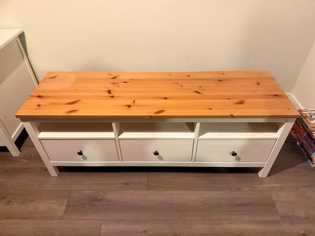 TV-meubel met 3 lades en open vakken, hout en wit, Ophalen, Gebruikt, 100 tot 150 cm, Minder dan 100 cm