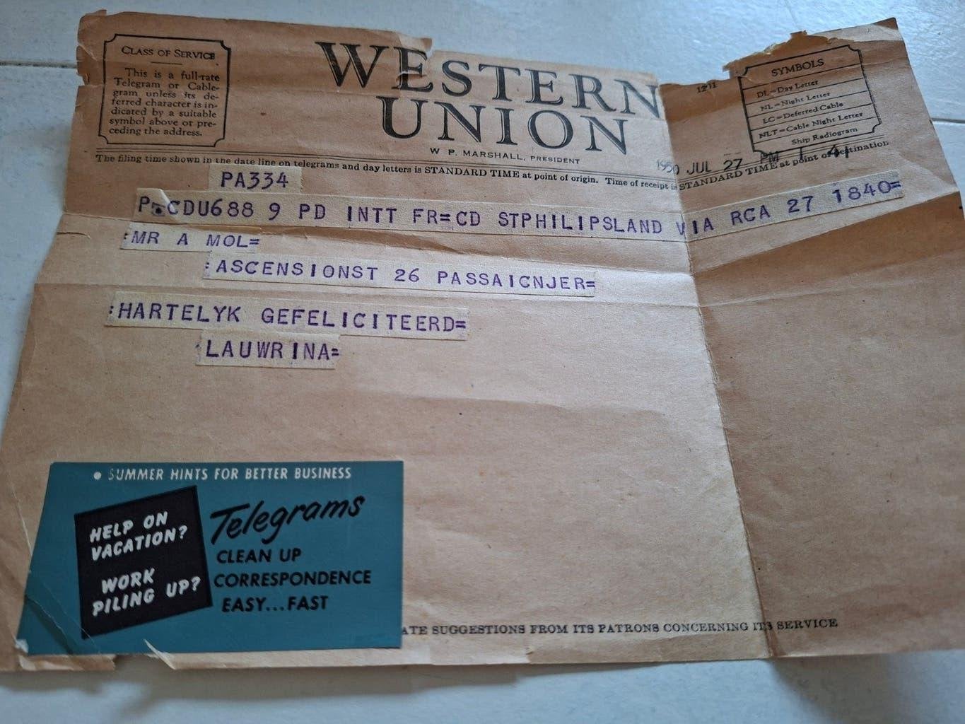 oud telegram 1950 Western Union van St Philipsland naar USA, Ophalen of Verzenden, Gebruikt