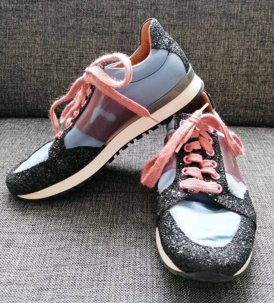 Trussardi sneakers zwart glimmend + zalmroze 38 nr 45281, Kleding | Dames, ., Zwart, Trussardi, Ophalen of Verzenden