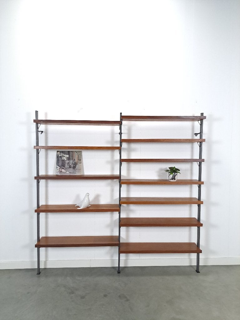 Mid Century Olof Pira Zweden teak modulair LP wandsysteem, Met plank(en), Gebruikt, Teakhout, 200 cm of meer