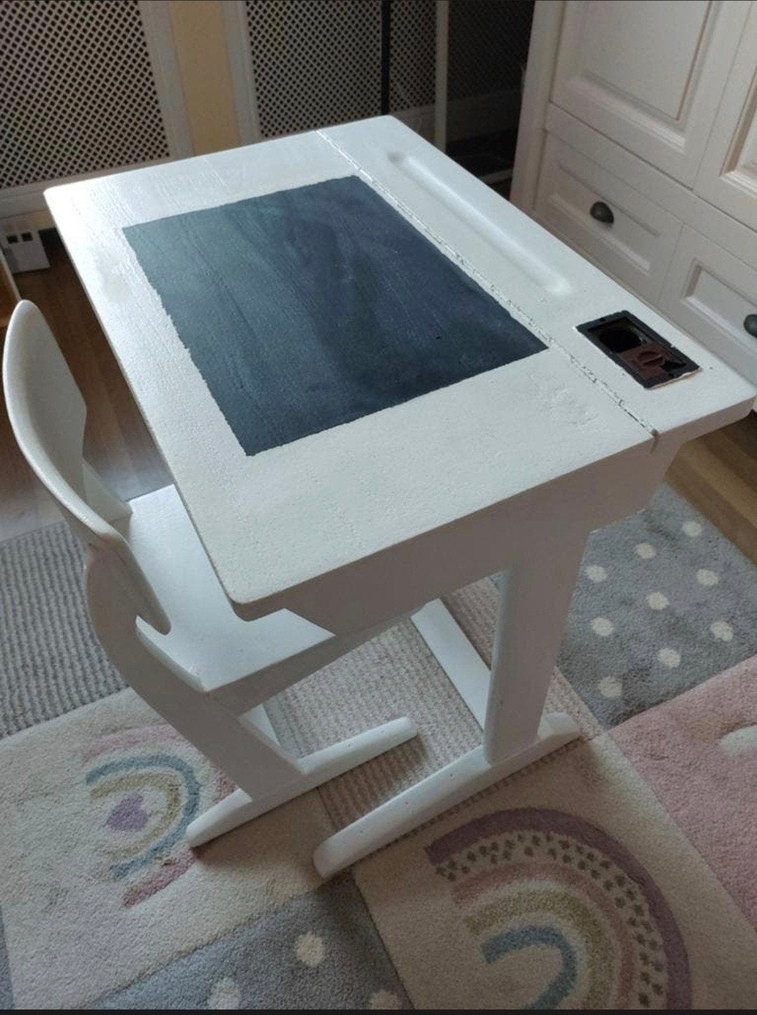 Vintage schooltafel met krijtbord en opbergruimte, Ophalen, Gebruikt, Tafel(s)