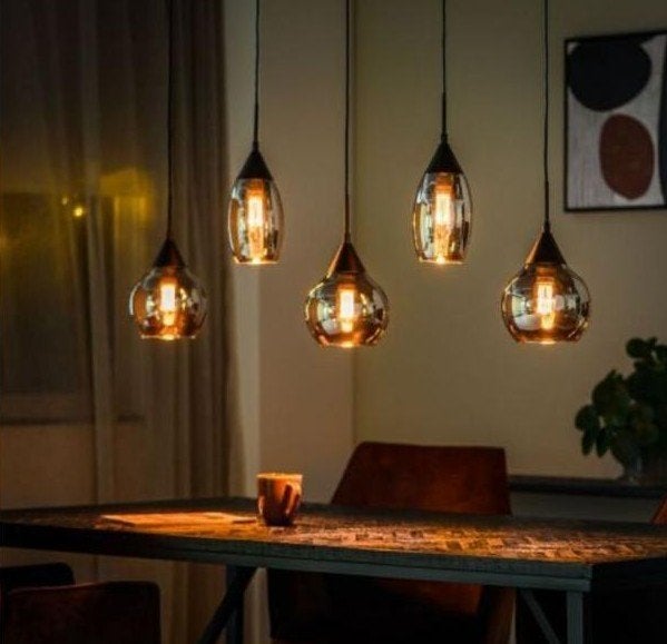 Hanglamp, zwart smoke glas, 5 st, Ophalen, Zo goed als nieuw, Glas, Modern