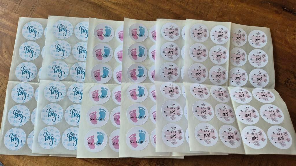 6 A4 vellen met stickers: Jongen, Meisje & Gender Reveal, Ophalen of Verzenden