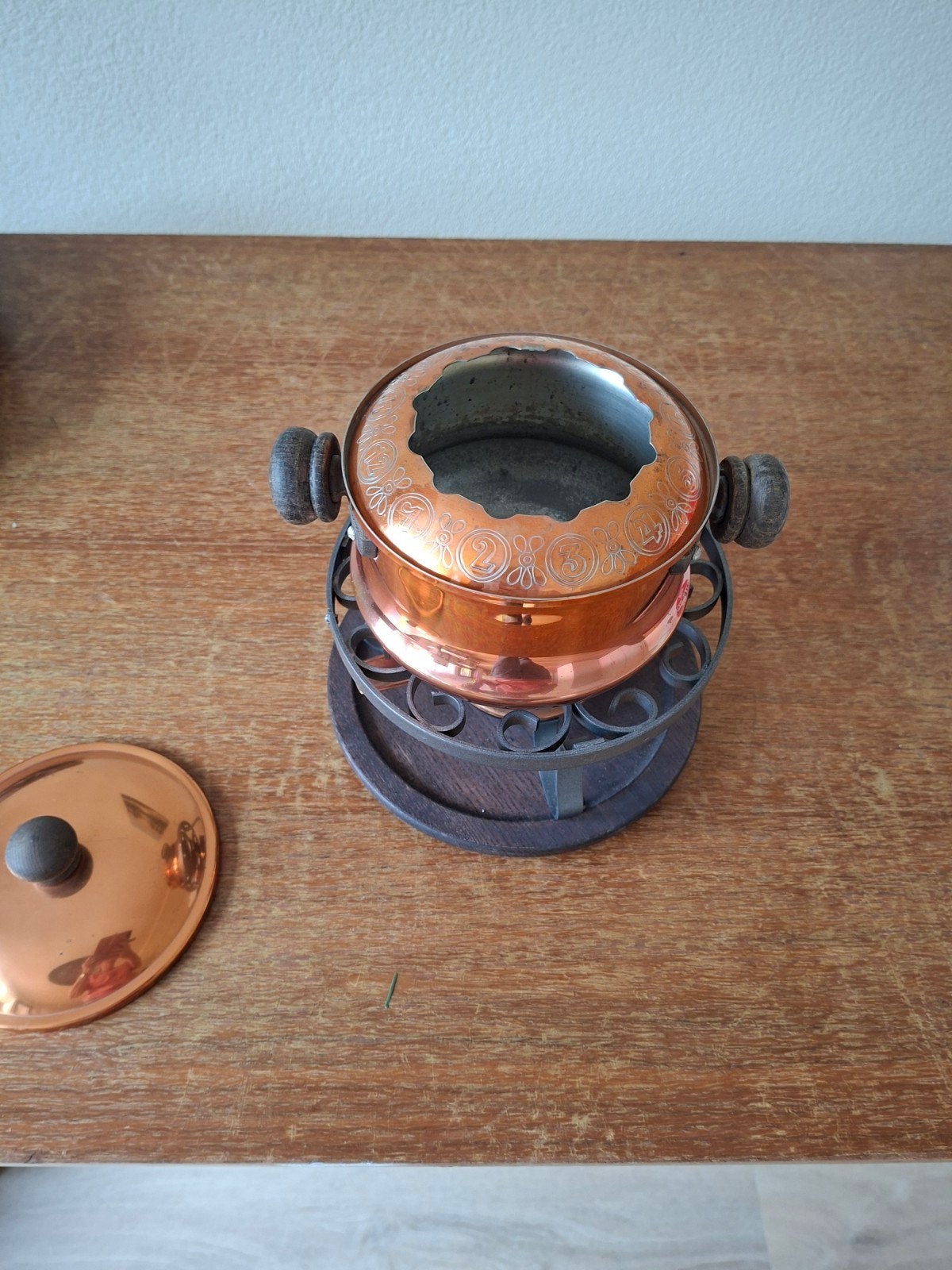 Complete Koperen Fonduepan met Brander en Onderstel, Witgoed en Apparatuur, Fonduesets, Ophalen of Verzenden, Gebruikt, Brander