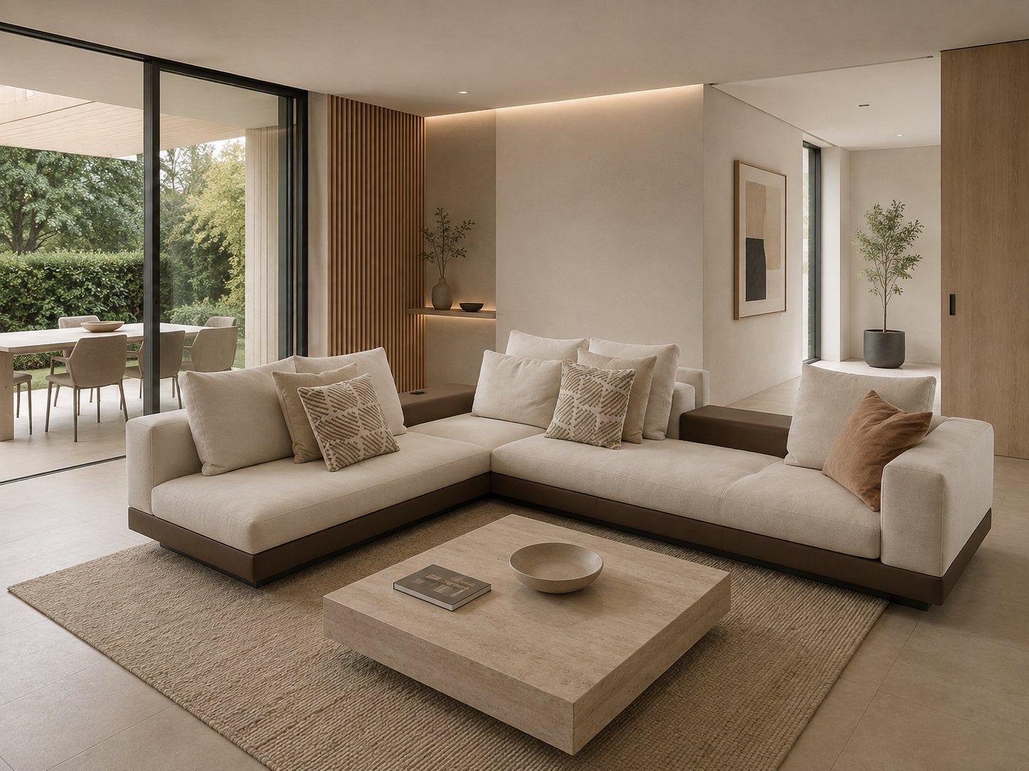 Minotti Connery modulaire hoekbank ecru stof aspen leder, Huis en Inrichting, Banken | Voetenbanken en Poefen, 125 cm of meer