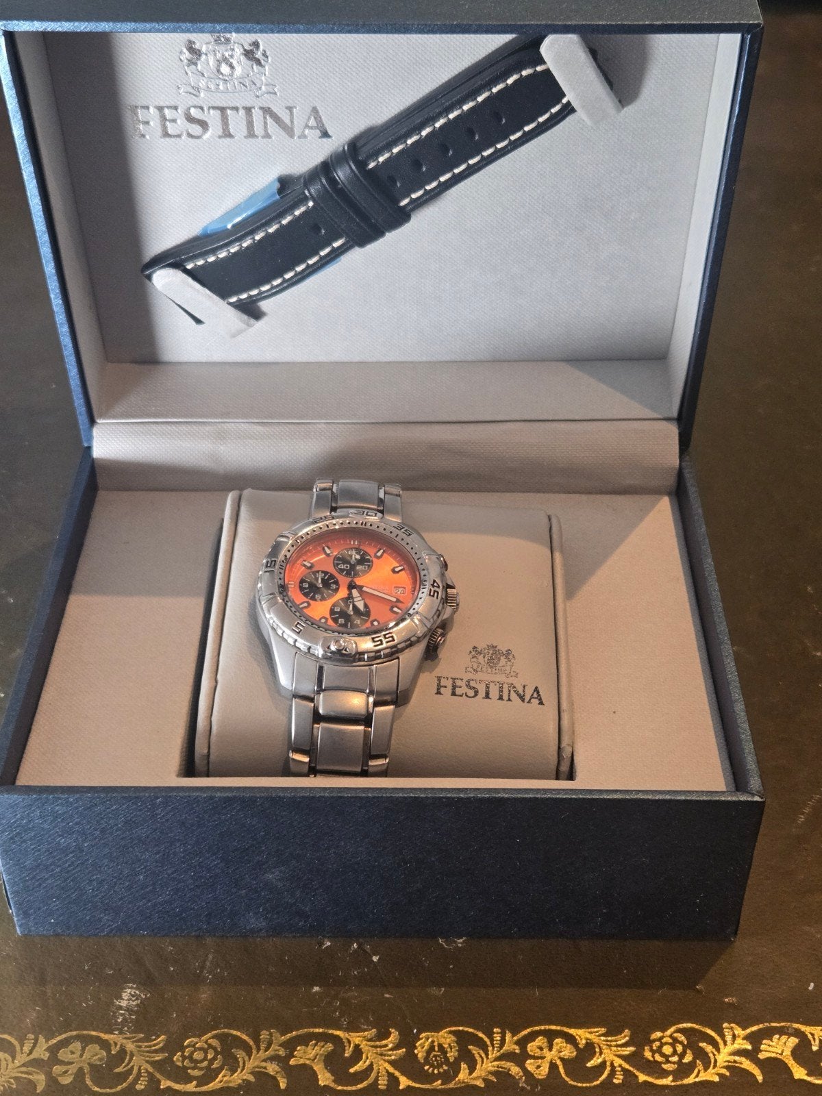 Festina Chronograaf Horloge F16234/4 met Oranje Wijzerplaat, Ophalen of Verzenden