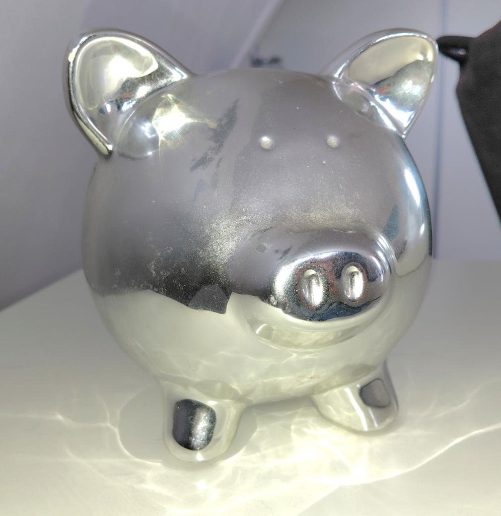 Zilveren spaarvarken - spaarpot, Verzamelen, Spaarpotten, Ophalen, Gebruikt, Steen, Aardewerk of Keramiek, Dier