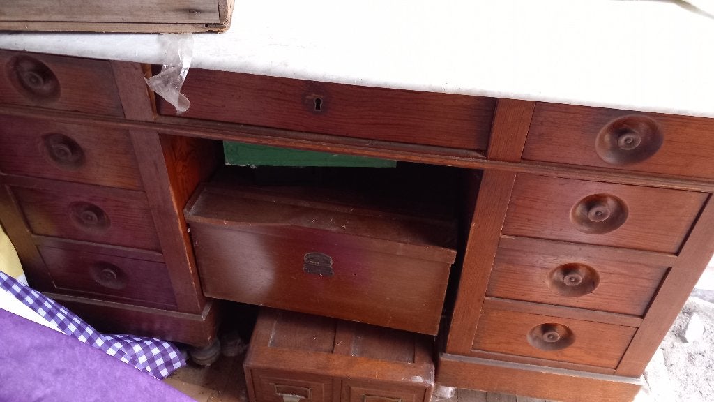antiek houten bureau met marmeren blad, Ophalen, Gebruikt, Bruin, Hout