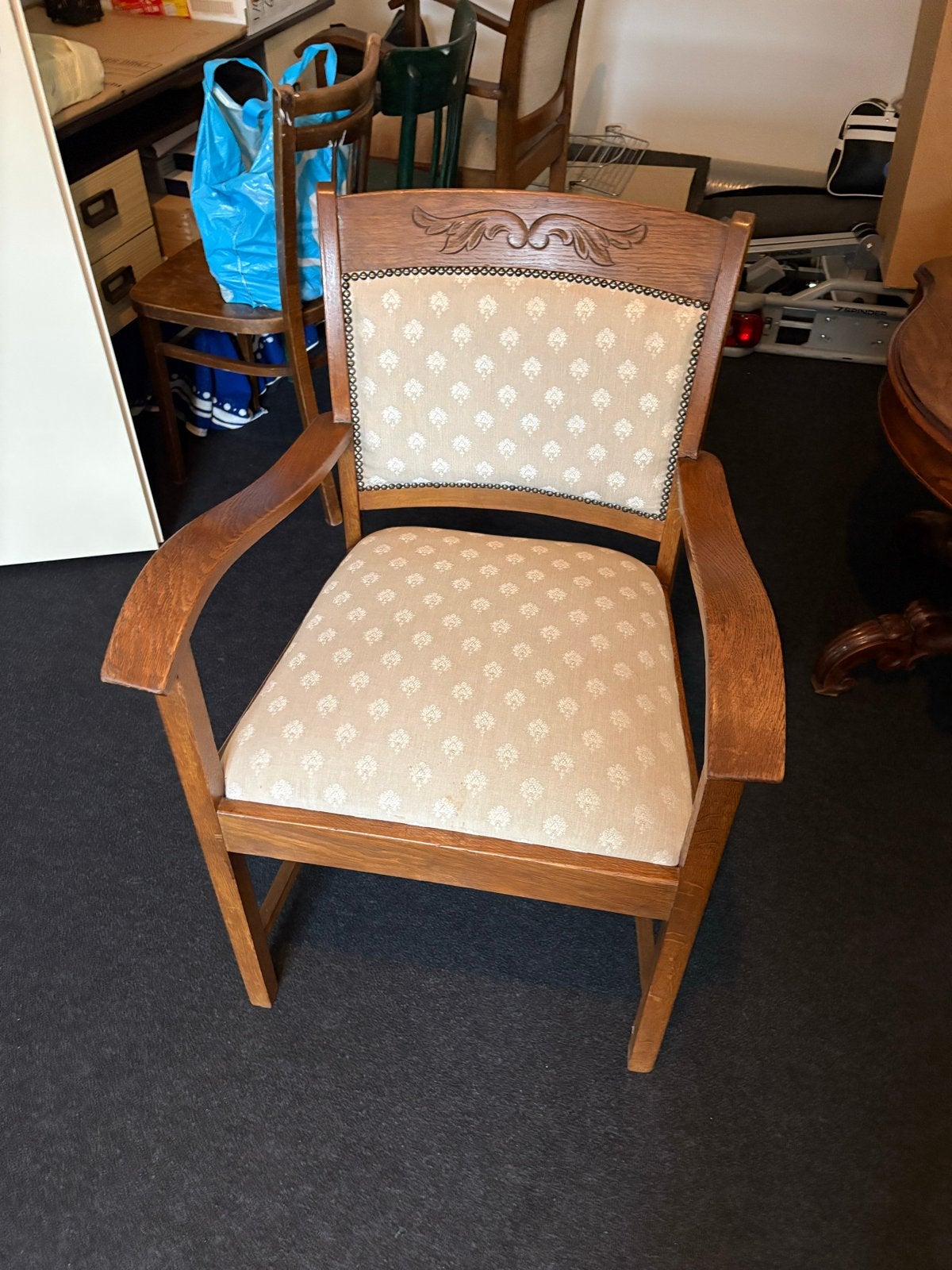 Antieke houten stoel met gestoffeerde zitting en rugleuning, Ophalen of Verzenden