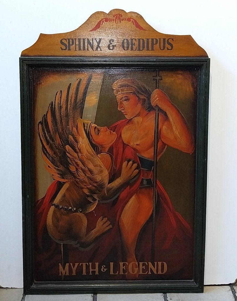 Sphinx & Oedipus (Myth and Legend) Schilderij op houten bord, 58 cm, Ophalen of Verzenden, Zo goed als nieuw, Wandbord of Wandpaneel