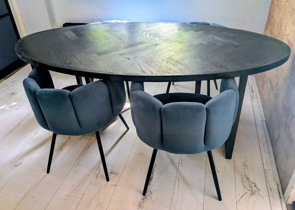 Eettafel eiken fineer zwart ovaal met stoelen, Ophalen, 100 tot 150 cm, Eikenhout, 200 cm of meer