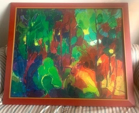 Abstraherend Bosgezicht - Willem Janssen (geb.1950, Stein), Impressionistisch, Landschap, Ophalen, Bijzondere lijst