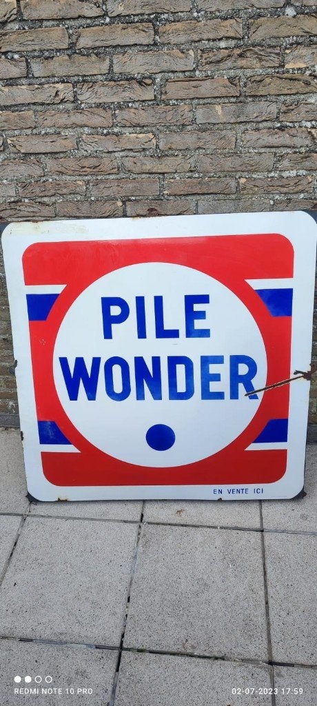 Prachtig oud emaillebord Pile Wonder Emaillerie Strasbourg, Ophalen, Zo goed als nieuw, Reclamebord