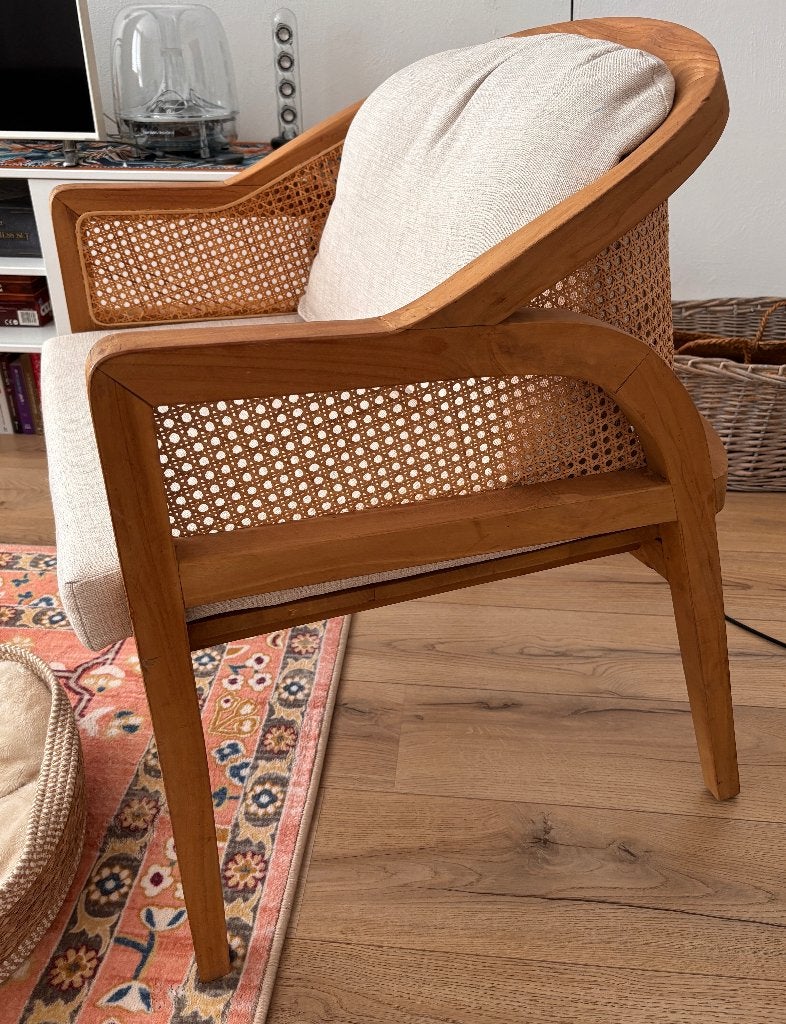 Teakhouten stoel met webbing van Karwei, Huis en Inrichting, Stoelen, Ophalen, Bruin, Bohemian landelijk, Zo goed als nieuw