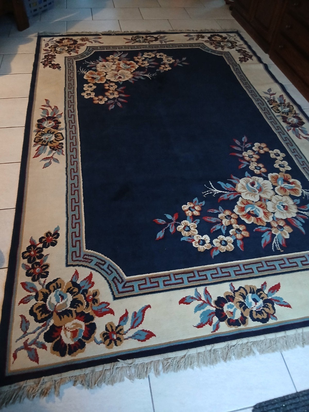 Vintage vloerkleed beige met donkerblauw afmeting 190 bij 28, Ophalen, Beige, 150 tot 200 cm, 200 cm of meer