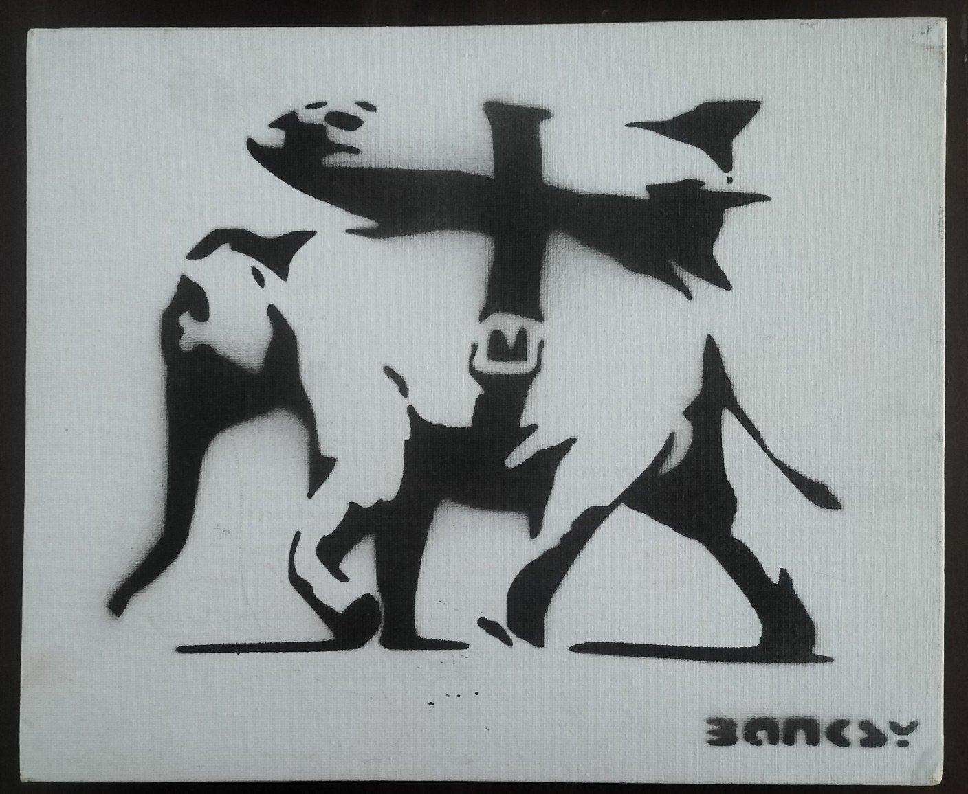 Banksy Heavy weaponry graffiti schilderij
Linnen op karton, Ophalen of Verzenden