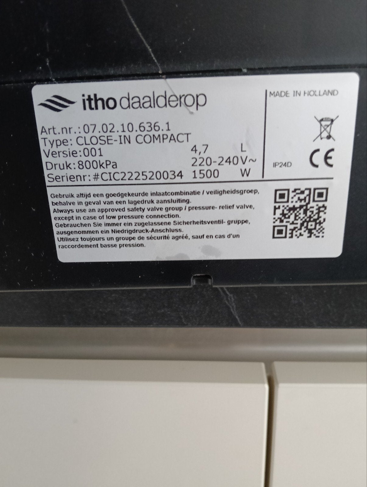Itho Daalderop Close-in Compact Boiler 4.7L - 4 jaar oud, Ophalen, Gebruikt