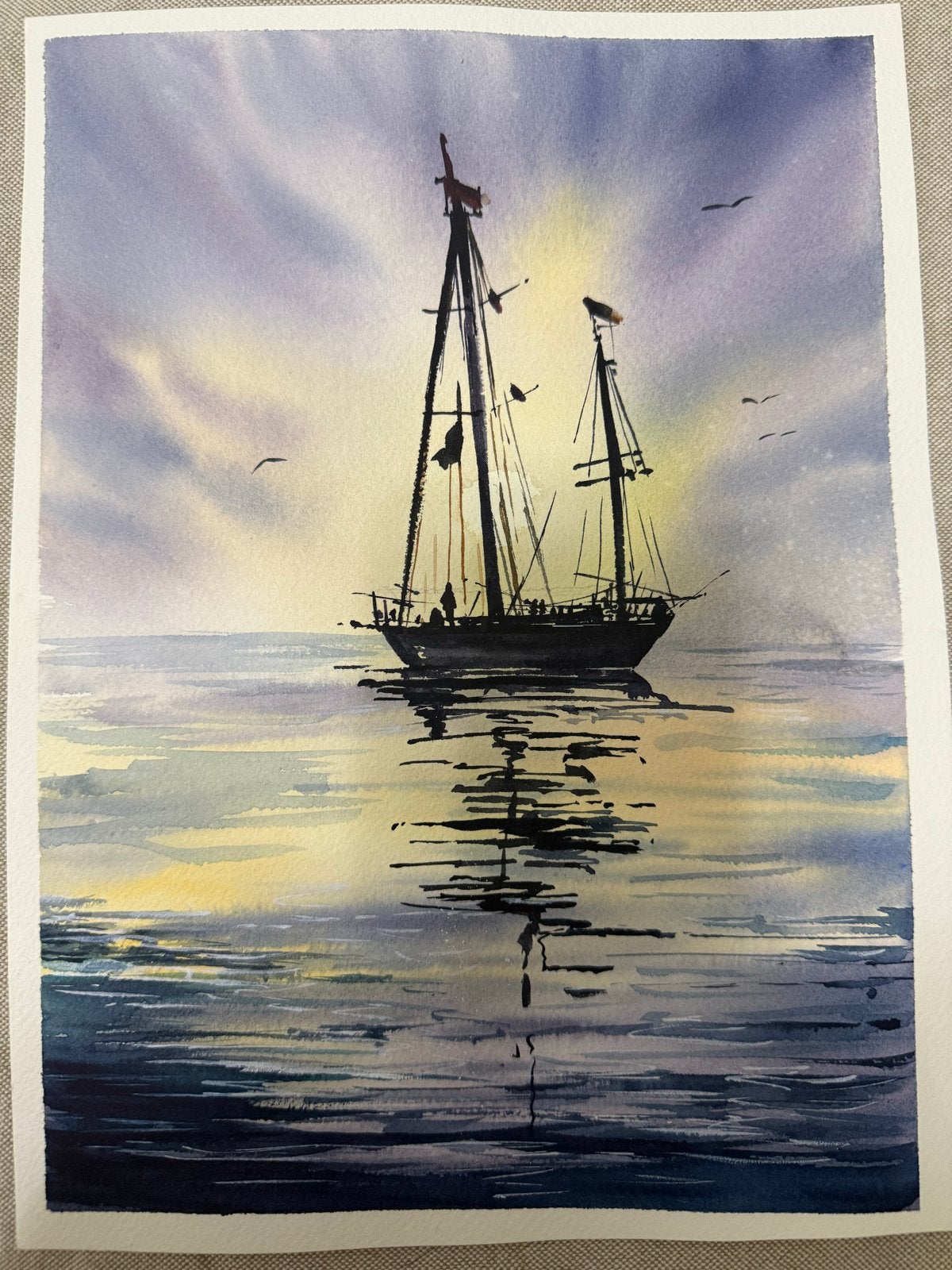 Aquarel Zeilboot op Rustig Water - Zachte Kleuren, Antiek en Kunst, Kunst | Schilderijen | Klassiek, Maritiem / water, Realistisch
