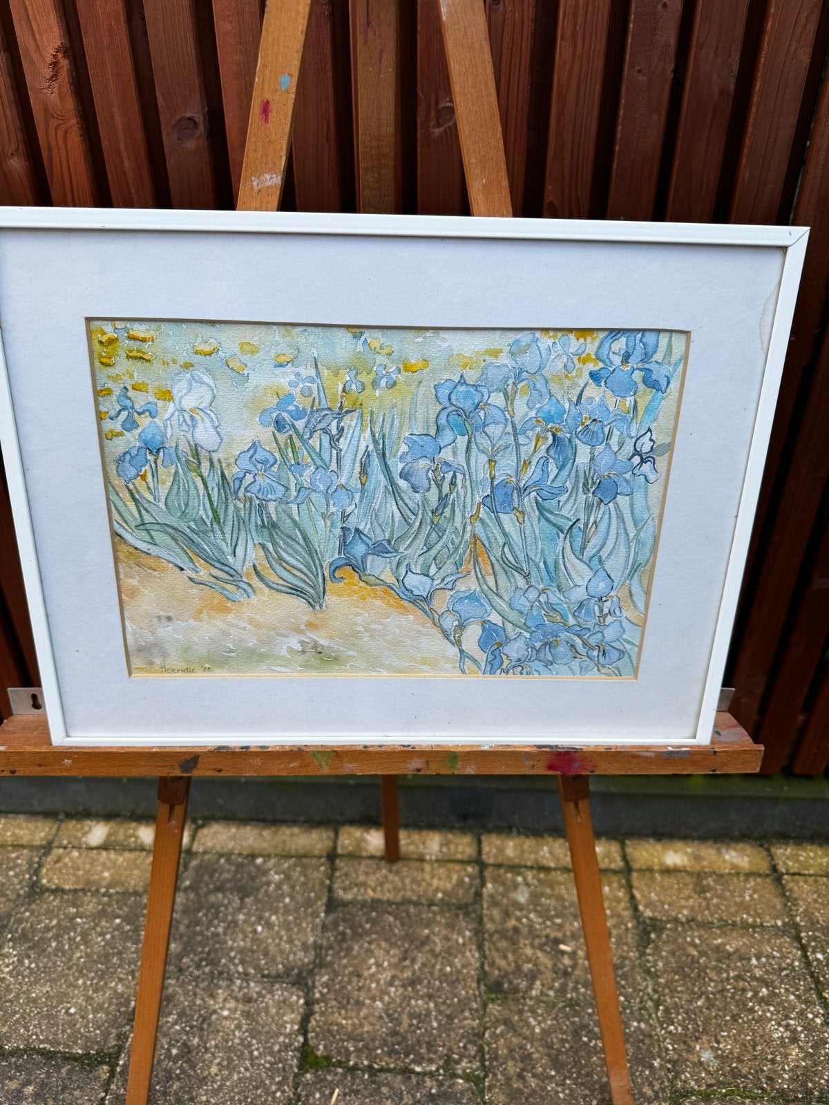 Aquarel 'Irissen' van Henriette '88, ingelijst, Gedateerd, Realistisch, Aquarel, Papier