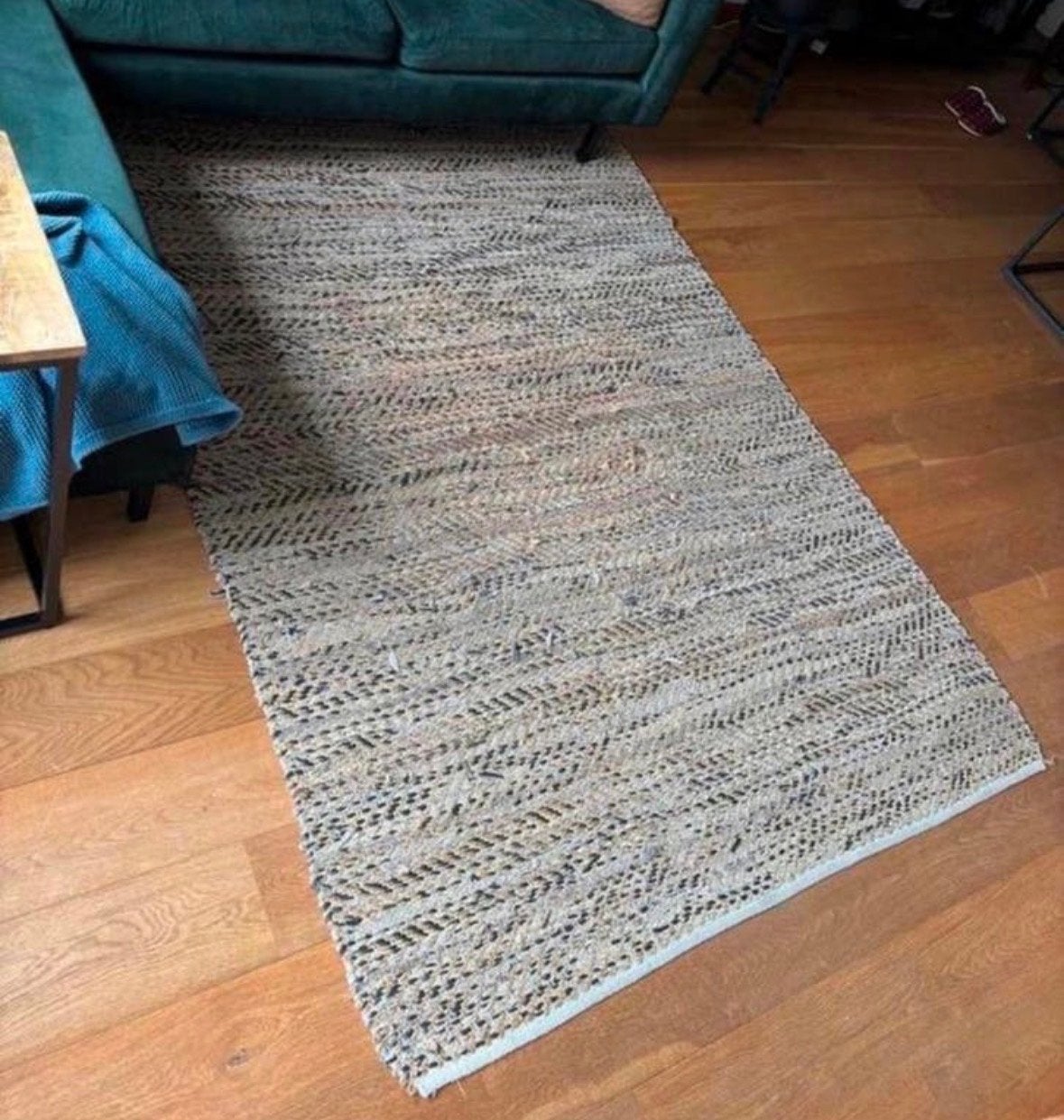 Uniek industrieel kleed van jute, leer en touw (165x230cm), Ophalen, Gebruikt, Bruin, 150 tot 200 cm