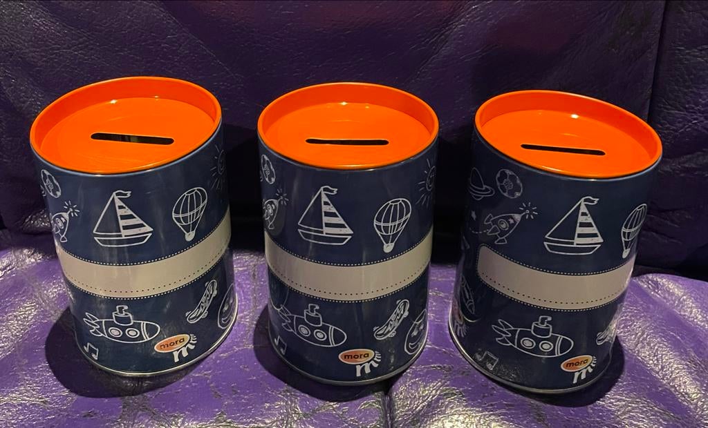 Set van 3 Mora spaarpotten met maritiem thema, Verzamelen, Spaarpotten, Ophalen of Verzenden, Zo goed als nieuw, Metaal of Blik