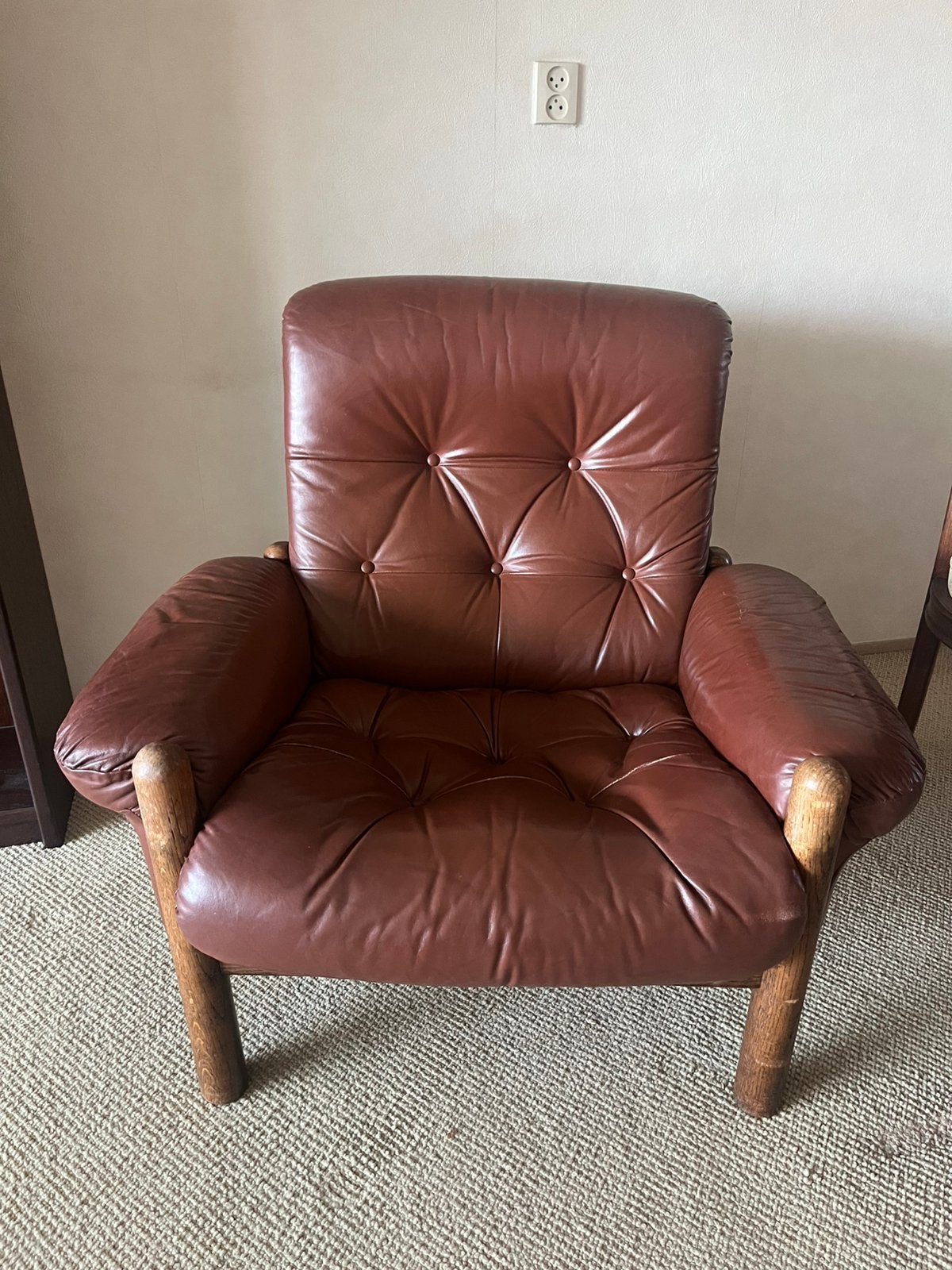 Retro fauteuil van cognackleurig leer, Ophalen, Zo goed als nieuw, 50 tot 75 cm, Leer