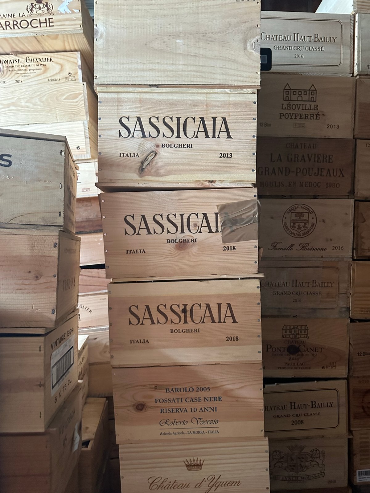 Diverse collectie houten wijnkisten - Sassicaia, Masseto, Yq, Ophalen of Verzenden, Gebruikt, Overige typen