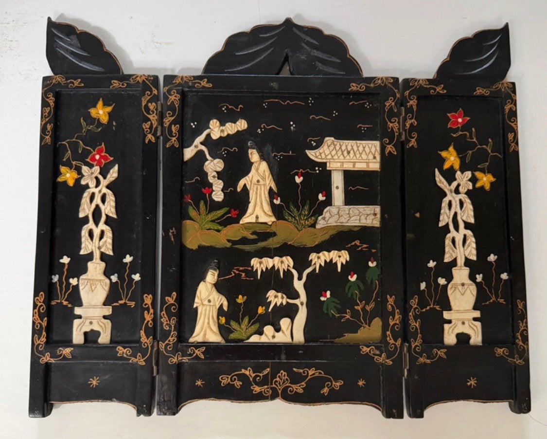 Antique black lacquered wall panels, Oriental geisha art, Ophalen of Verzenden
