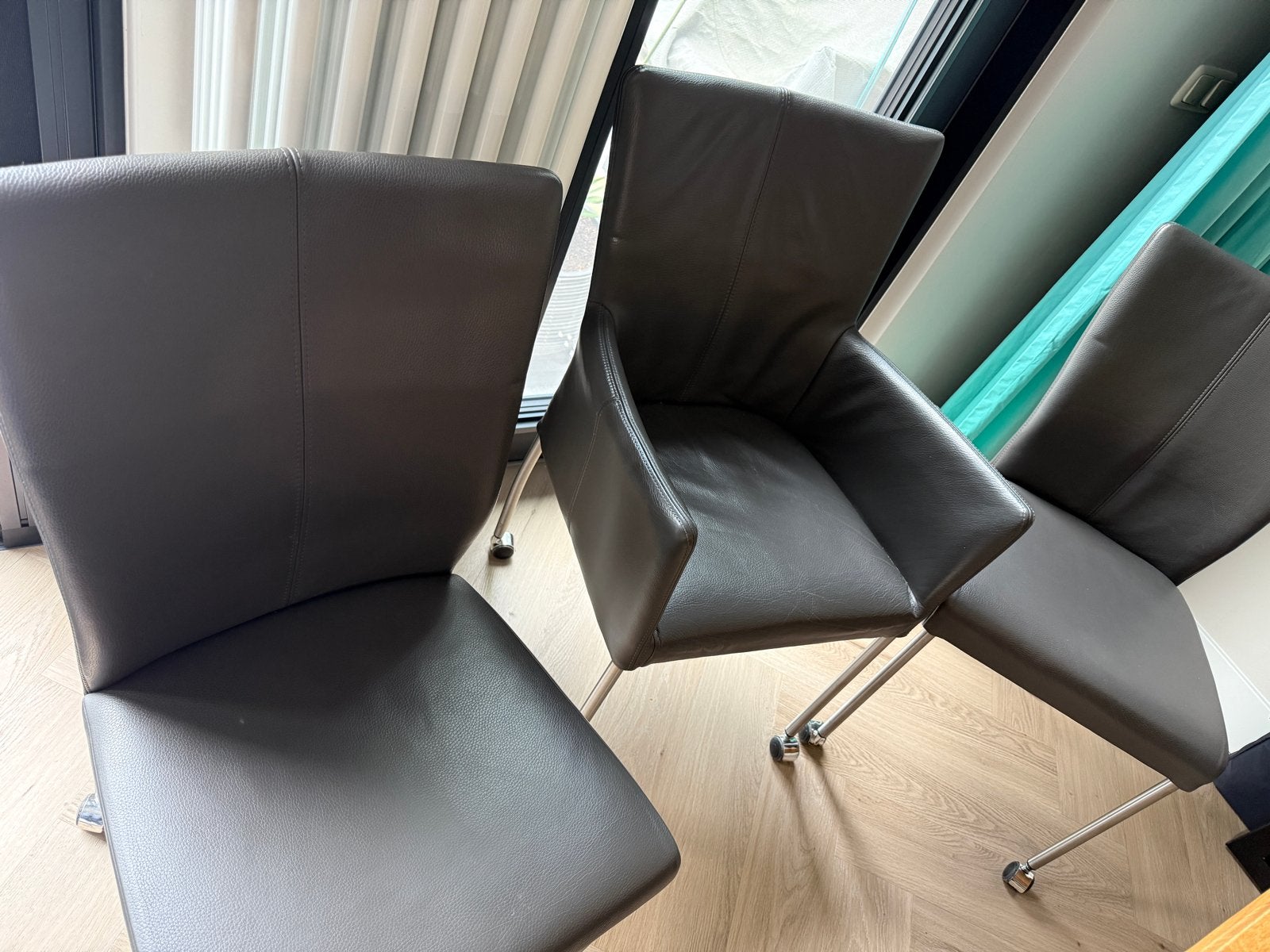 Leren eetkamerstoelen - 6 stuks, grijs, echt leer, Ophalen, Gebruikt, Leer, Grijs