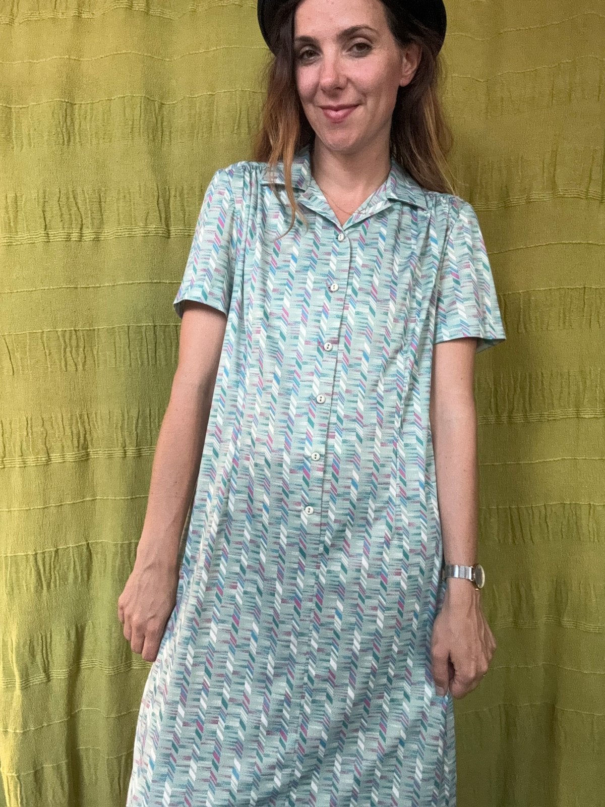 Vintage jurk - mint groen - print - M/38/medium, Kleding | Dames, Maat 38/40 (M), Hgv, Hgv, Ophalen of Verzenden