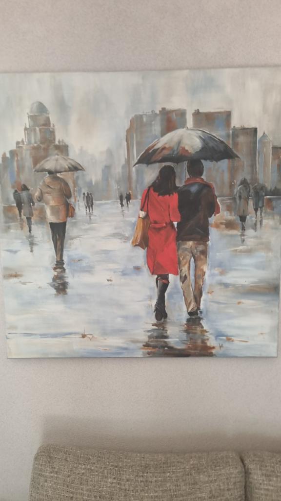 Schilderij Winny Lenderink - Stadsgezicht in de Regen, Ophalen