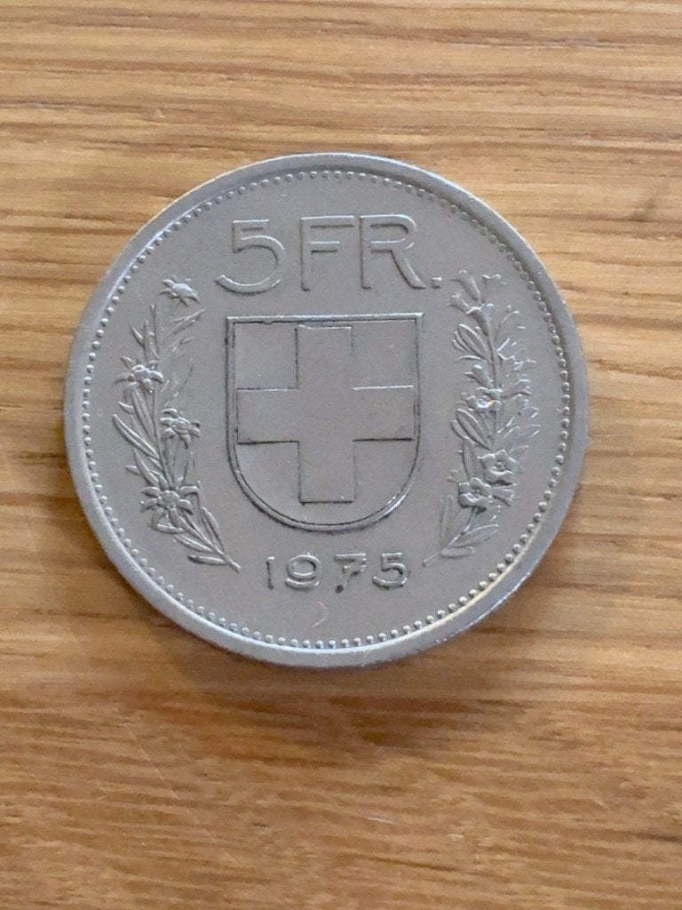 Zwitserland 5 Franken 1975 – originele munt, Postzegels en Munten, Verzenden, Overige landen, Losse munt