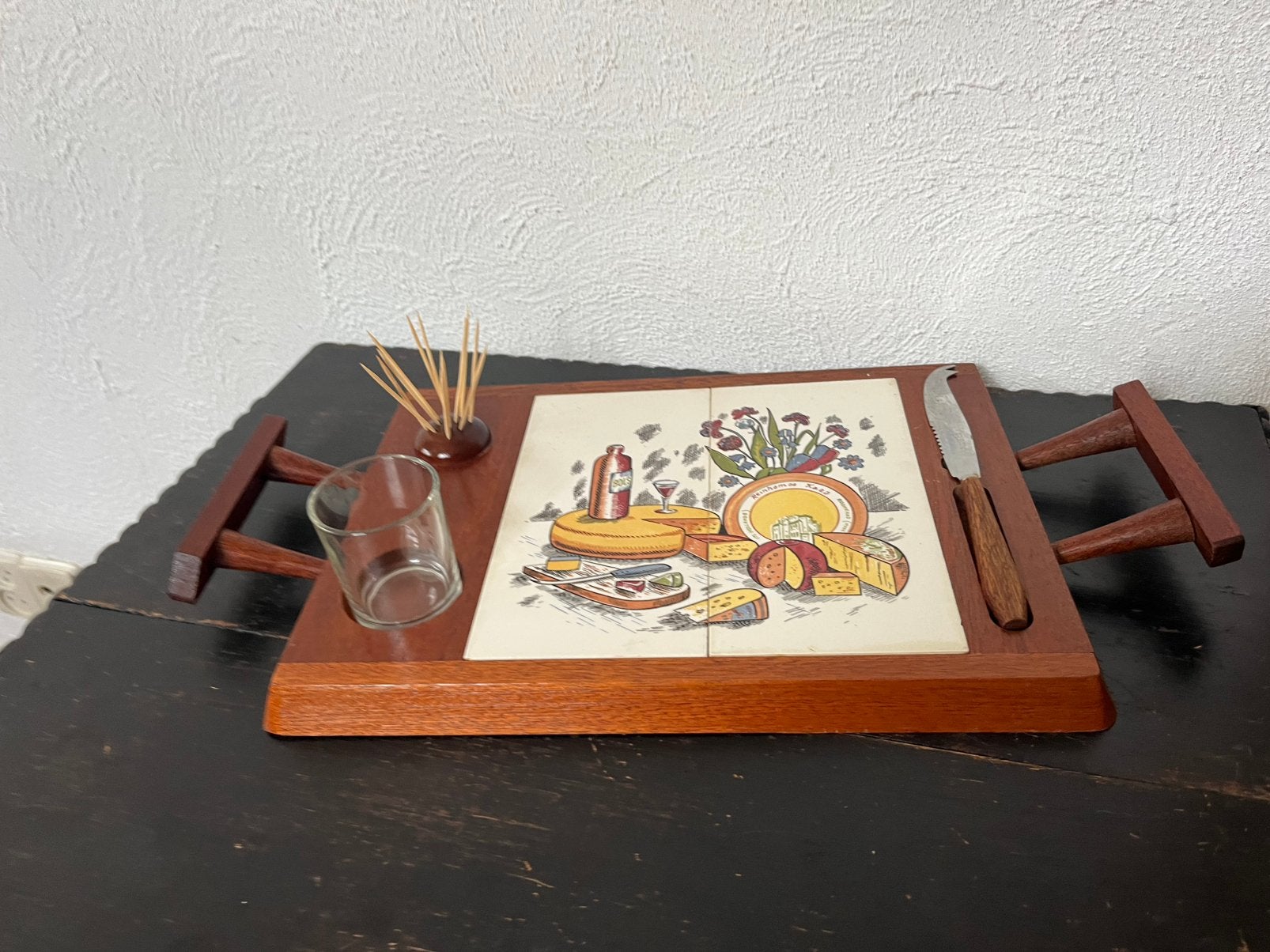 Vintage kaasplank hout tegels serverschaal hapjes, Ophalen of Verzenden
