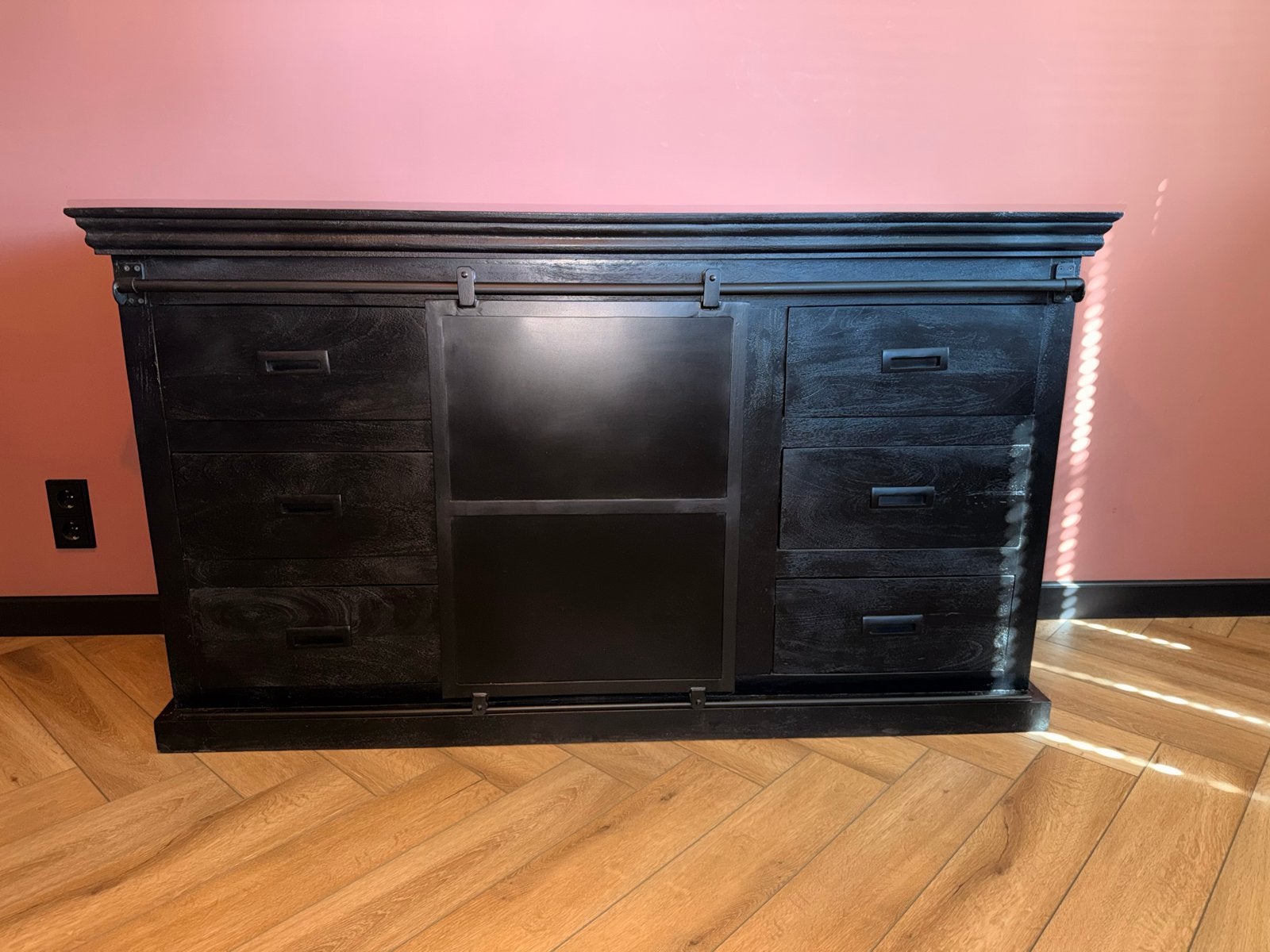 Zwart dressoir met schuifdeur en lades, Huis en Inrichting, Ophalen, Gebruikt, 100 tot 150 cm, Met lade(s)