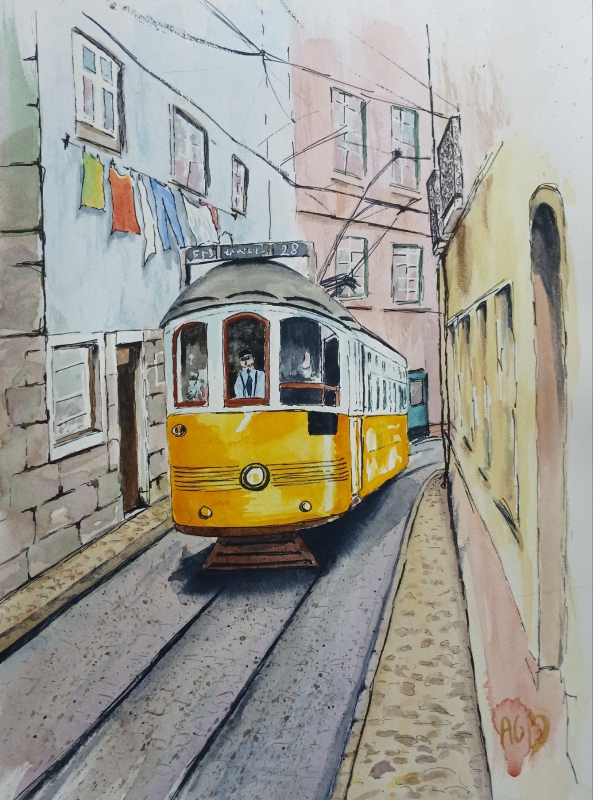 aquarel Lissabon, Antiek en Kunst, Papier/karton, Ophalen of Verzenden, Stadsgezicht, Gesigneerd