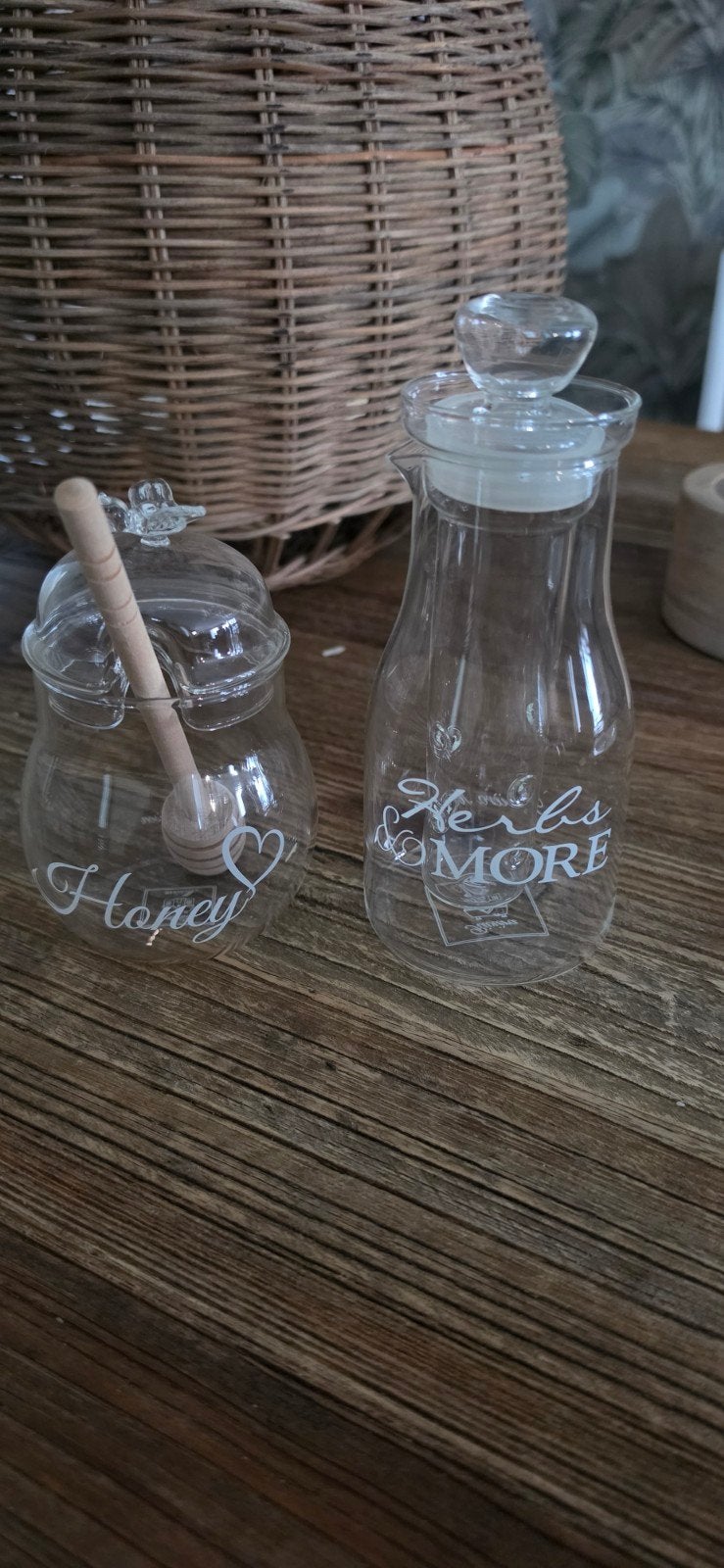 Riviera Maison Honingpot en Kruidenflesje, Ophalen, Zo goed als nieuw, Riviera Maison, Glas