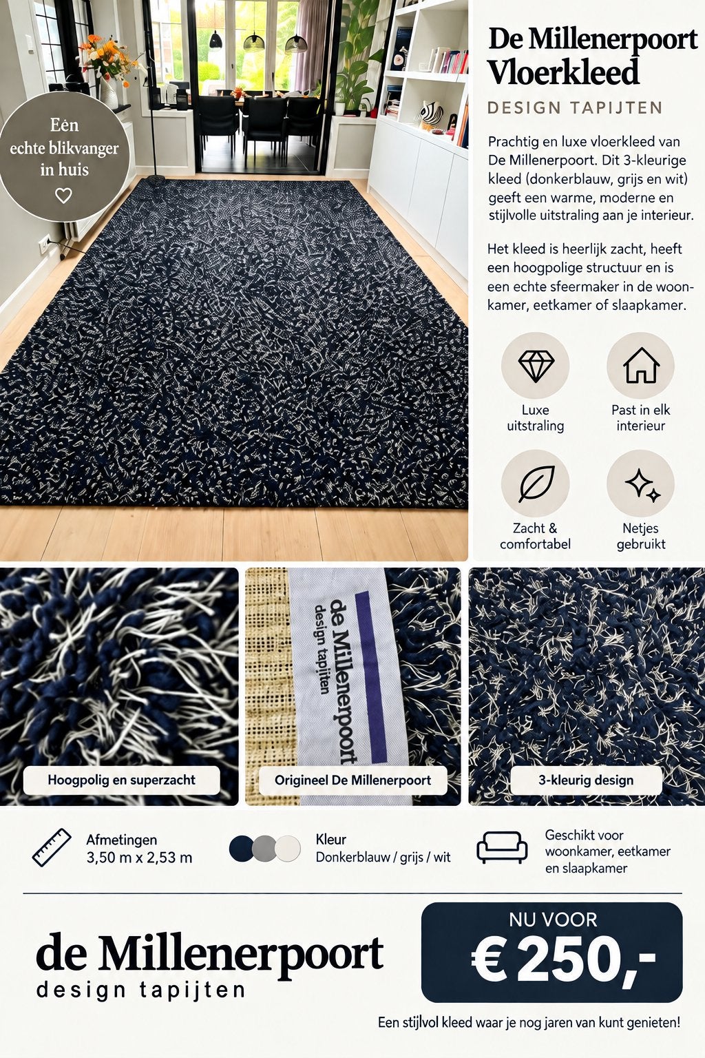 Luxe Millenerpoort Vloerkleed - Hoogpolig & Comfortabel, Huis en Inrichting, Ophalen, Gebruikt, 200 cm of meer, Blauw