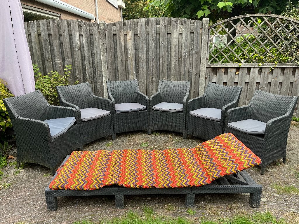 Wicker loungeset – 6 stoelen + ligbed, Tuin en Terras, Ophalen, Gebruikt, Wicker, Stoel