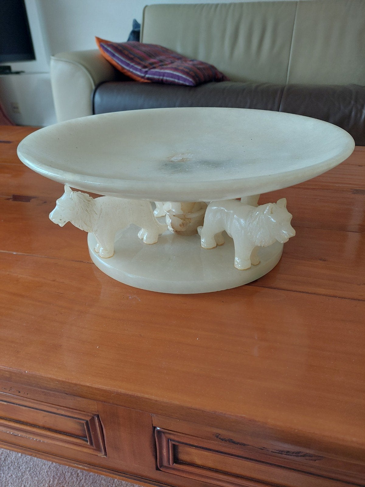 Vintage Onyx Fruitschaal met Leeuwen - Handgesneden, Ophalen